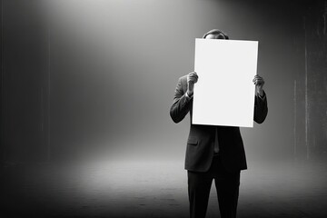 Businessman hiding behind a blank white sheet of paper in dark room
