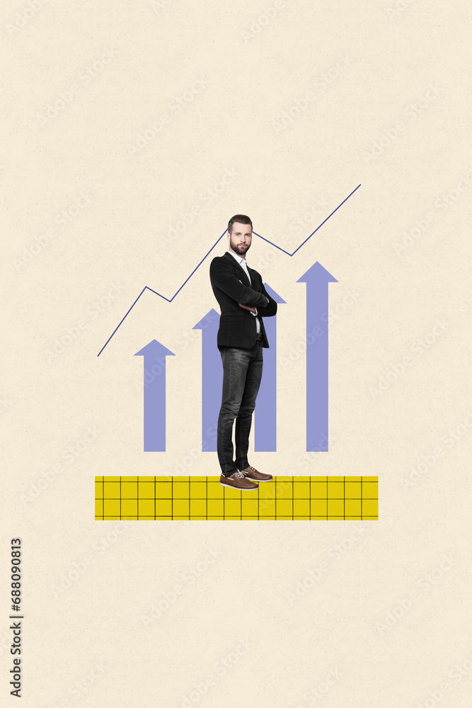 Canvas Prints Vertical creative collage young businessman folded hands confident leadership stats rise graphic up isolated on beige background