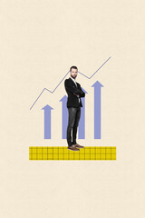 Vertical creative collage young businessman folded hands confident leadership stats rise graphic up isolated on beige background