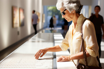 Blind lady explores contemporary art in a modern museum gallery, she reads braille descriptions. Accessibility public place for a inclusive people. World Braille Day concept
