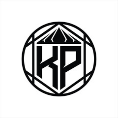 KP Letter Logo monogram hexagon slice crown sharp shield shape isolated circle abstract style design