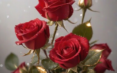 Rosas rojas sobre fondo claro, más destello de luz dorada que da una atmósfera romántica.
