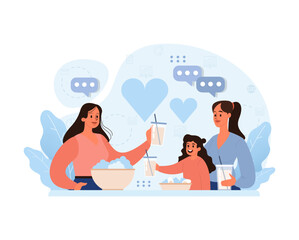Modern Love Concept. Lesbian couple enjoying a cozy dinner with their child, symbolizing acceptance, love, and diverse families. Celebration of equality. Flat vector illustration.