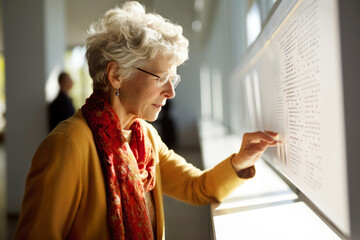Visually impaired woman engages with art through braille signage, contributing to a more inclusive cultural experience. Enhancing museum accessibility, World Braille Day concept