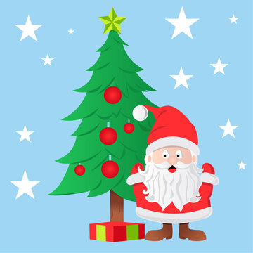 Cartoon style image of Santa standing next to a Christmas tree with a present under the tree
