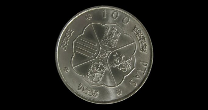 Reverse of Spain coin 100 pesetas 1966, isolated in black background. Close up view.