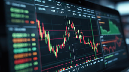 Close-up of a financial trading screen displaying market data with various colored candlestick charts, numerical values, and trend lines indicating stock performance.