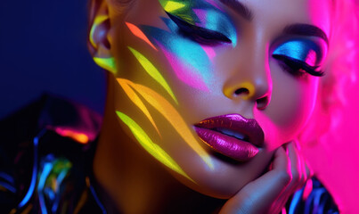 Woman model face covered with bright glitter, colorful neon lights, beautiful fashionable sexy girl lips, mouth. Fashionable makeup for glowing skin. Artistic makeup design. golden blue pink makeup