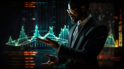 Person in a business suit pointing at a futuristic digital stock market chart, indicating various data points and trends.