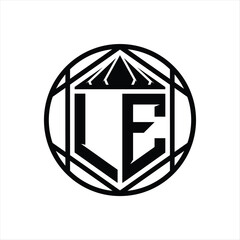 LE Letter Logo monogram hexagon slice crown sharp shield shape isolated circle abstract style design