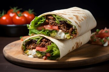 country wrap sandwich with beef pork with lettuce and sauce