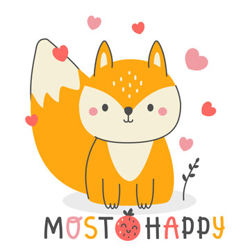A cute orange fox. Drawing for Valentine's Day. An image for postcards, stickers, and gift packages.