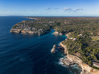 Cala Llombards and Cala Santanyi coast in Majorca aerial shot