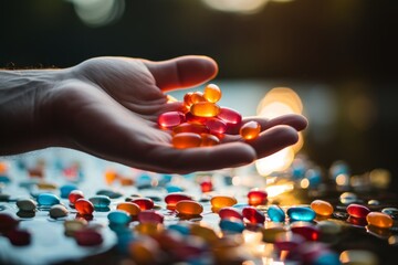 Hand scattering a mix of colorful pills and capsules, creating a sense of movement and variety, blurred background to focus on the motion - obrazy, fototapety, plakaty