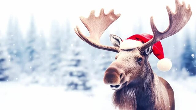 Winter holiday footage with funny moose in Santa Claus hat on snowy forest landscape background. Hello winter. Concept of Christmas, New Year, winter vacation. Wild life