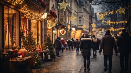 A quaint European street on Saint Nicholas Day, adorned with festive decorations and lights,...