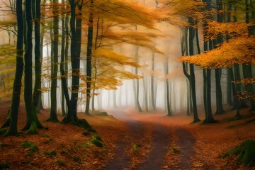 Autumn in the beech woodland with fog.