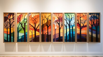 a isolated wood art, each piece displaying a vibrant palette on the unblemished white canvas, 