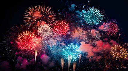 Fototapeta premium Fireworks of various colors bursting against a sky