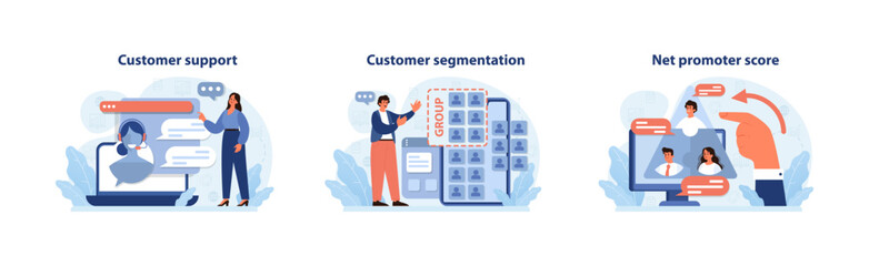 Customer journey insights. A dedicated agent offers real-time support, a strategist fine-tunes segmentation, and experts analyze the net promoter score. Enhancing client experience. Flat vector. - obrazy, fototapety, plakaty