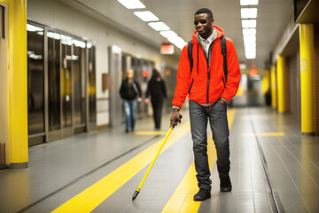 Obraz premium Blind young man with a cane navigates tactile tiles in a subway station. On a background silhouettes of people. Concept accessibility environment in public spaces