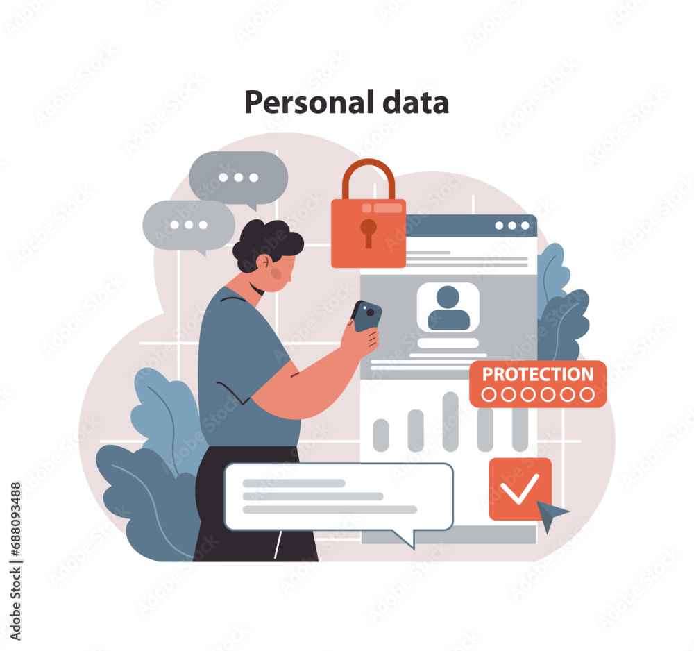 Poster personal data protection concept. man with smartphone ensuring secure online activities, encrypted u