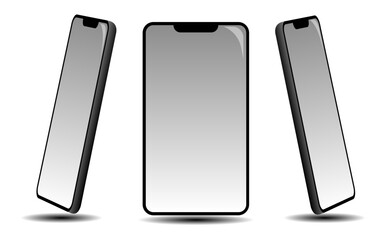 Concept of a blank mobile phone screen from 3 angles space for graphics or text