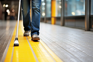 Close-up of a blind man walking along a tactile tile with a cane. Inclusive, accessibility and friendly environment in the self-orientation while moving through the streets of the city - obrazy, fototapety, plakaty