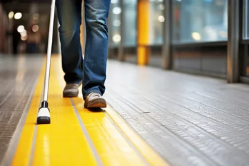 Foto op Canvas Close-up of a blind man walking along a tactile tile with a cane. Inclusive, accessibility and friendly environment in the self-orientation while moving through the streets of the city © Garnar