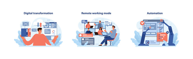 Digital Business trio. Seamless integration of digital transformation, remote work dynamics, and automation processes. Future of work and technology synergy. Flat vector illustration.