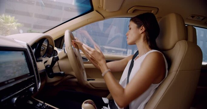 Business woman, car seatbelt and driving with safety on journey, transport and road trip in city. Person, driver and thinking to start vehicle for travel on metro street, urban highway and traffic