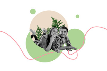 Collage picture of two cheerful black white colors people laying plant leaves isolated on creative...