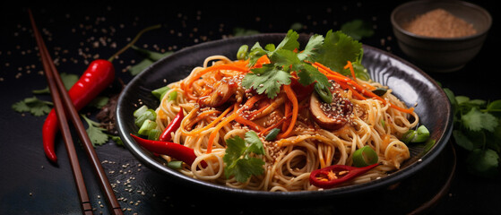 A tempting bowl of spicy ramen noodles, filled with aromatic ingredients, guaranteed to satisfy cravings.