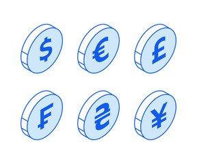 Isometric round shape icons in outline. Modern flat vector Illustration. Dollar, Euro, Great Britain pound, Frank,Ukrainian Hryvnia, Japanese Yen currencies symbol. Social media marketing icons.