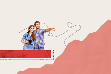 Creative collage picture of two excited cheerful partners hold photo camera point finger away...