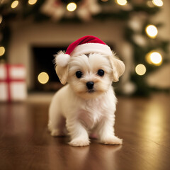 Maltese puppy wearing Santa Claus hat, white small puppy, shaggy, close-up, Christmas background
