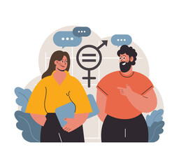 Two colleagues discussing equality. Man and woman with gender equality icon. Workplace collaboration, mutual respect. Flat vector illustration