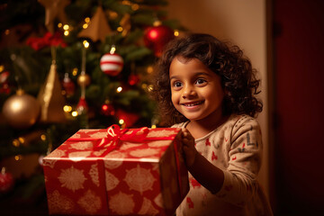 Fototapeta na wymiar Christmas Xmas gifts presents asian indian girl celebrating in a warm cosy room with fir tree, decorations, lights, baubles, holiday season, joy, happy, smiling and excited for wrapped wholesome
