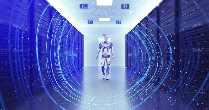 Artificial Intelligence Futuristic Robot Walking Slowly And Confidently. Technology Related 3D Animation.