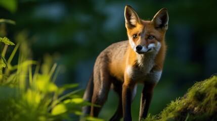 Fototapeta premium Beautiful red fox in the forest, outdoor wild nature background with copy space.