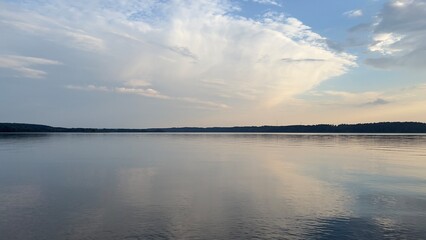blue lake, clouds and sunset