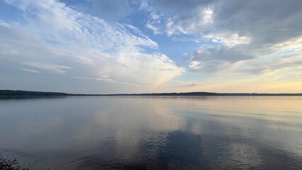 blue lake, clouds and sunset