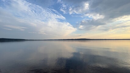 blue lake, clouds and sunset