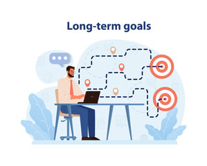 Long-term Goals concept. Man at desk visualizing future targets with connected roadmap, highlighted objectives. Strategic planning. Path to success. Flat vector illustration.