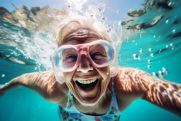 Mature woman with underwater mask is snorkeling in ocean