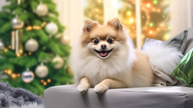 Happy Pomeranian spitz dog on a sofa near by blurred Christmas tree on the background. Cozy indoor scene.