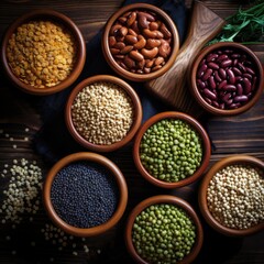 different varieties of beans and seeds in bowls on a wooden table
