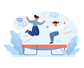 Joyful friends on a trampoline. Expressing happiness, they soar amidst digital icons and chat bubbles, capturing the essence of fun in a connected world. Euphoria meets technology. vector illustration