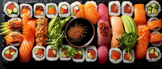 A visually appealing sushi platter displaying a variety of different sushi rolls, artfully presented.