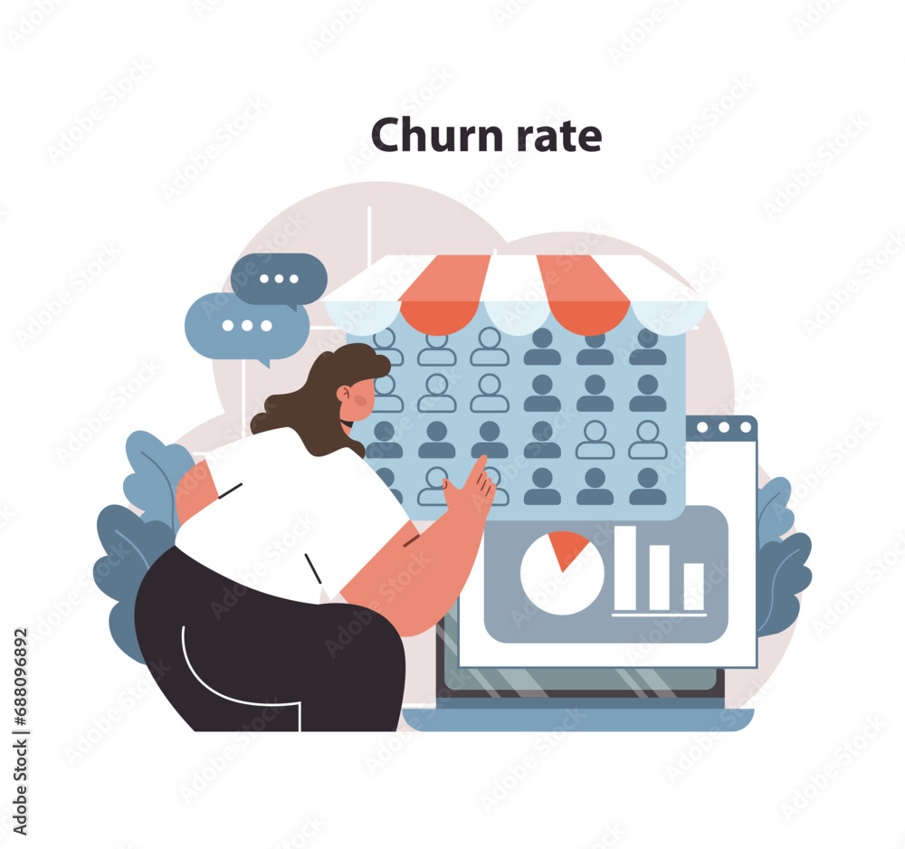 Poster churn rate analytics concept. woman studying customer retention metrics on a computer screen. busine